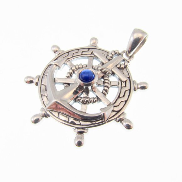 Solid 925 Sterling Silver Ship's Wheel Helm Pendant w/ Sapphire Nautical Jewelry - Picture 7 of 9